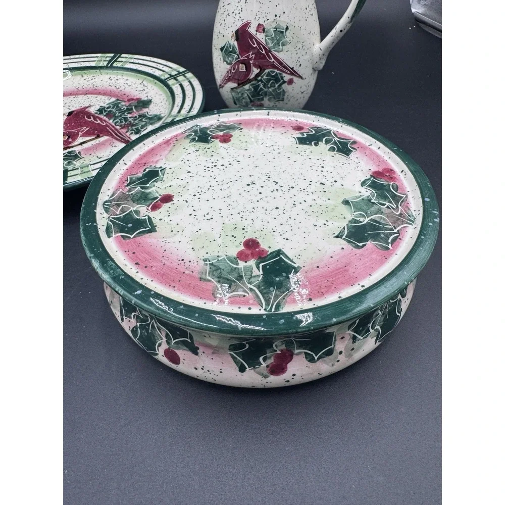 Vtg Christmas Cardinals Julie Ueland Cardinal Plate Cake Riser Plate Pitcher